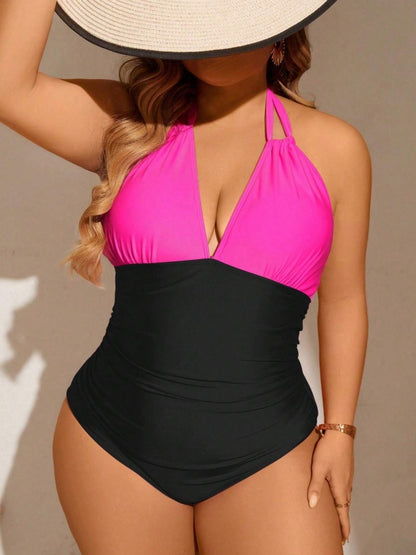 Women’s Two-Piece Colorblock Swimsuit – High Waist, Halter, Backless, Removable Padding