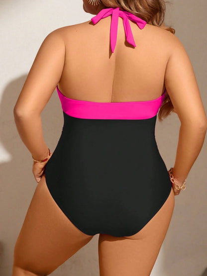 Women’s Two-Piece Colorblock Swimsuit – High Waist, Halter, Backless, Removable Padding