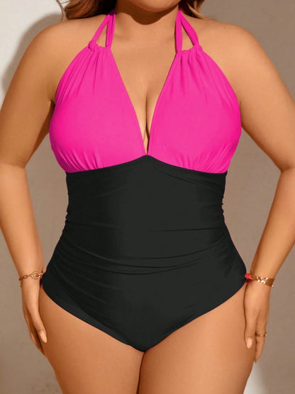 Women’s Two-Piece Colorblock Swimsuit – High Waist, Halter, Backless, Removable Padding