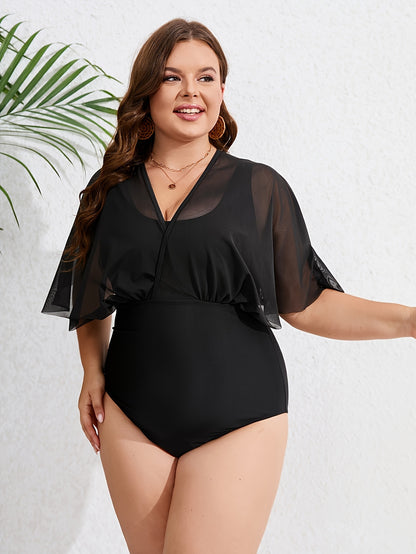 Plus Size Solid Black One-Piece Swimsuit – Retro Oversized Design for Women
